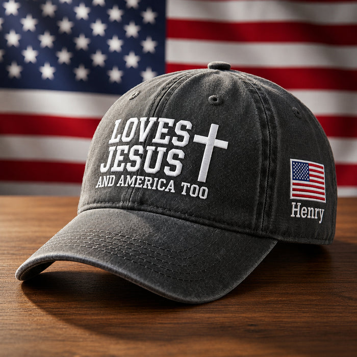 Personalized Loves Jesus And America Too Cross Flag Embroidered Hat