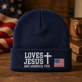 Personalized Loves Jesus And America Too Cross Flag Embroidered Beanie