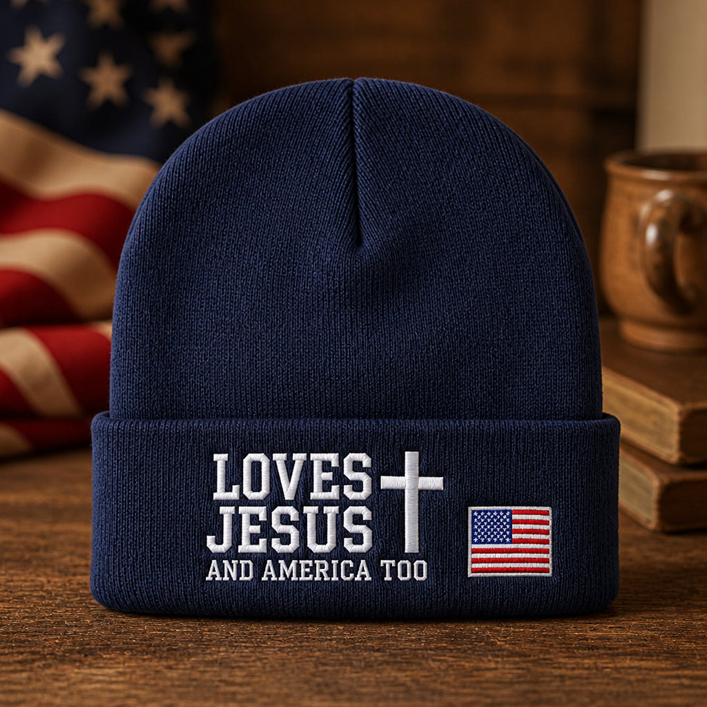 Personalized Loves Jesus And America Too Cross Flag Embroidered Beanie