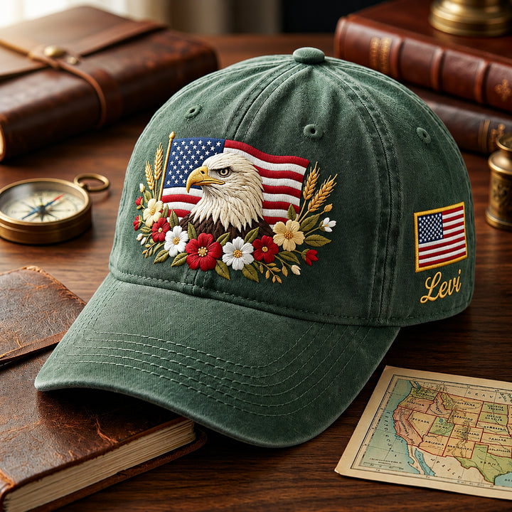 Personalized American Flag Bald Eagle Wildflowers Patriotic Embroidered Hat — Washed Hat