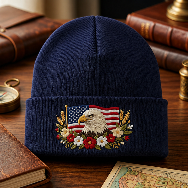 Personalized American Flag Bald Eagle Wildflowers Patriotic Embroidered Beanie