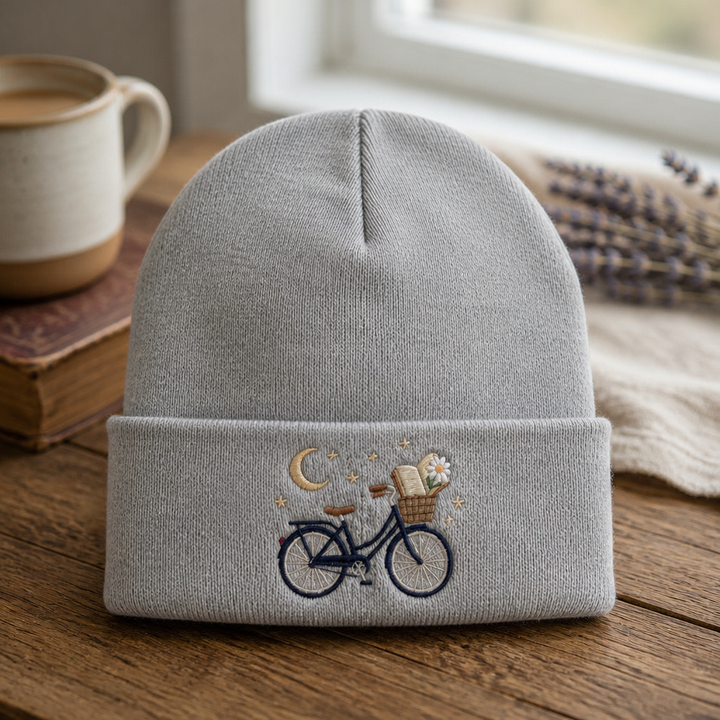 Bicycle Book Daisy Moon Stars Basket Embroidered Beanie