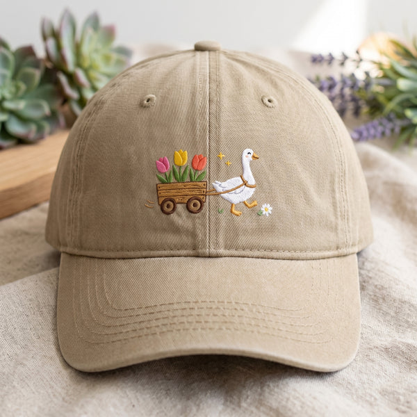 Silly Goose Pulling Flower Wagon Spring Tulips Embroidered Hat — Washed Hat