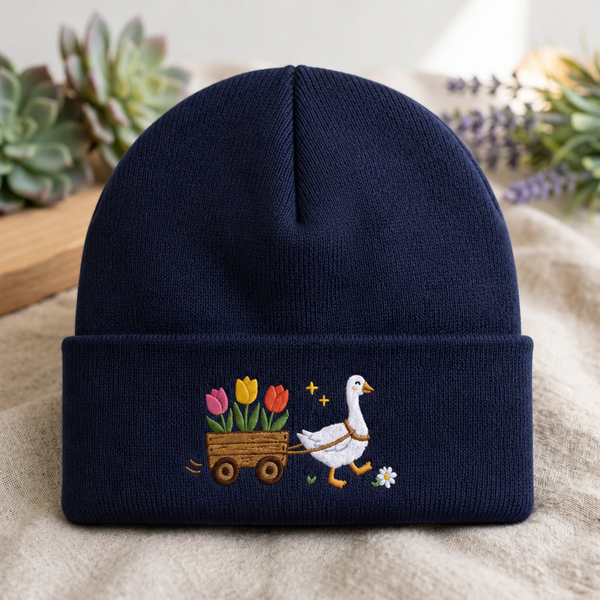 Silly Goose Pulling Flower Wagon Spring Tulips Embroidered Beanie