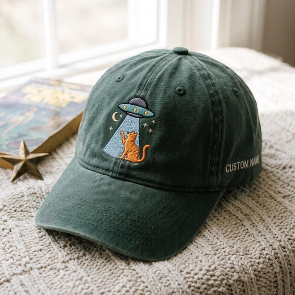 Personalized UFO Alien Abduction Orange Cat Moon Stars Space Embroidered Hat — Washed Hat