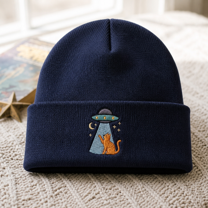 Personalized UFO Alien Abduction Orange Cat Moon Stars Space Embroidered Beanie