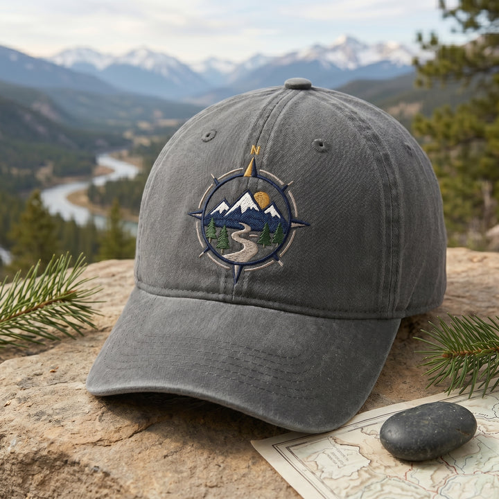 Mountain Compass Rose Pine Trees River Adventure Embroidered Hat — Washed Hat