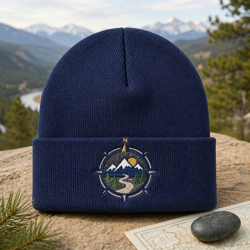 Mountain Compass Rose Pine Trees River Adventure Embroidered Beanie