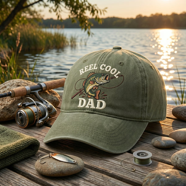 Reel Cool Dad Bass Fishing Embroidered Hat — Washed Hat