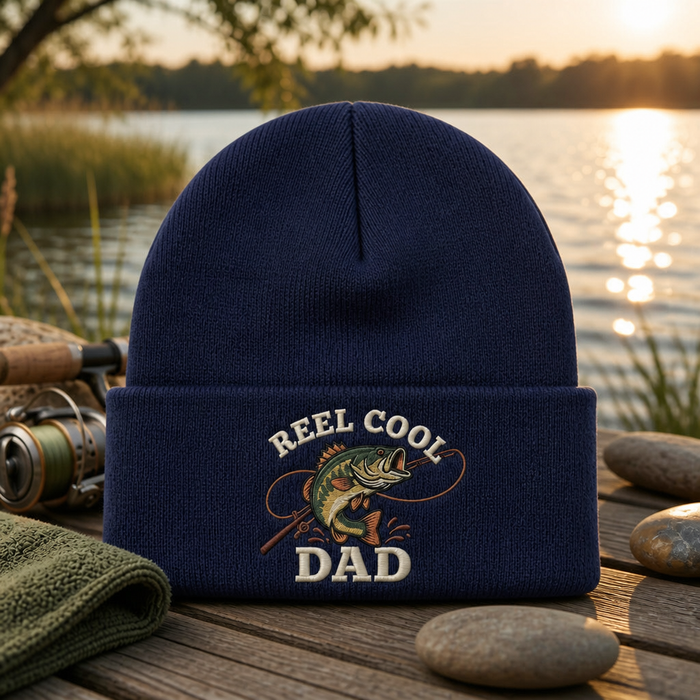 Reel Cool Dad Bass Fishing Embroidered Beanie