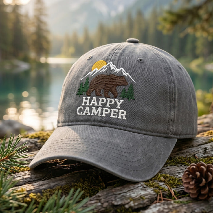 Happy Camper Bear Mountain Pine Trees Outdoor Embroidered Hat — Washed Hat