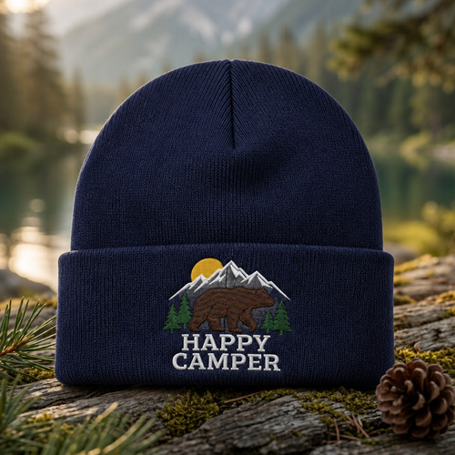 Happy Camper Bear Mountain Pine Trees Outdoor Embroidered Beanie