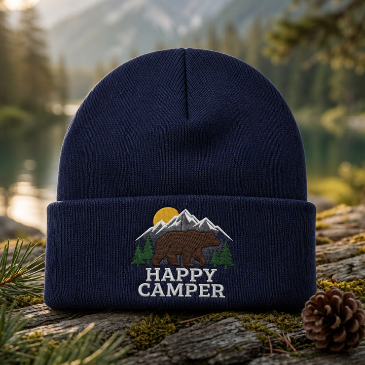 Happy Camper Bear Mountain Pine Trees Outdoor Embroidered Beanie