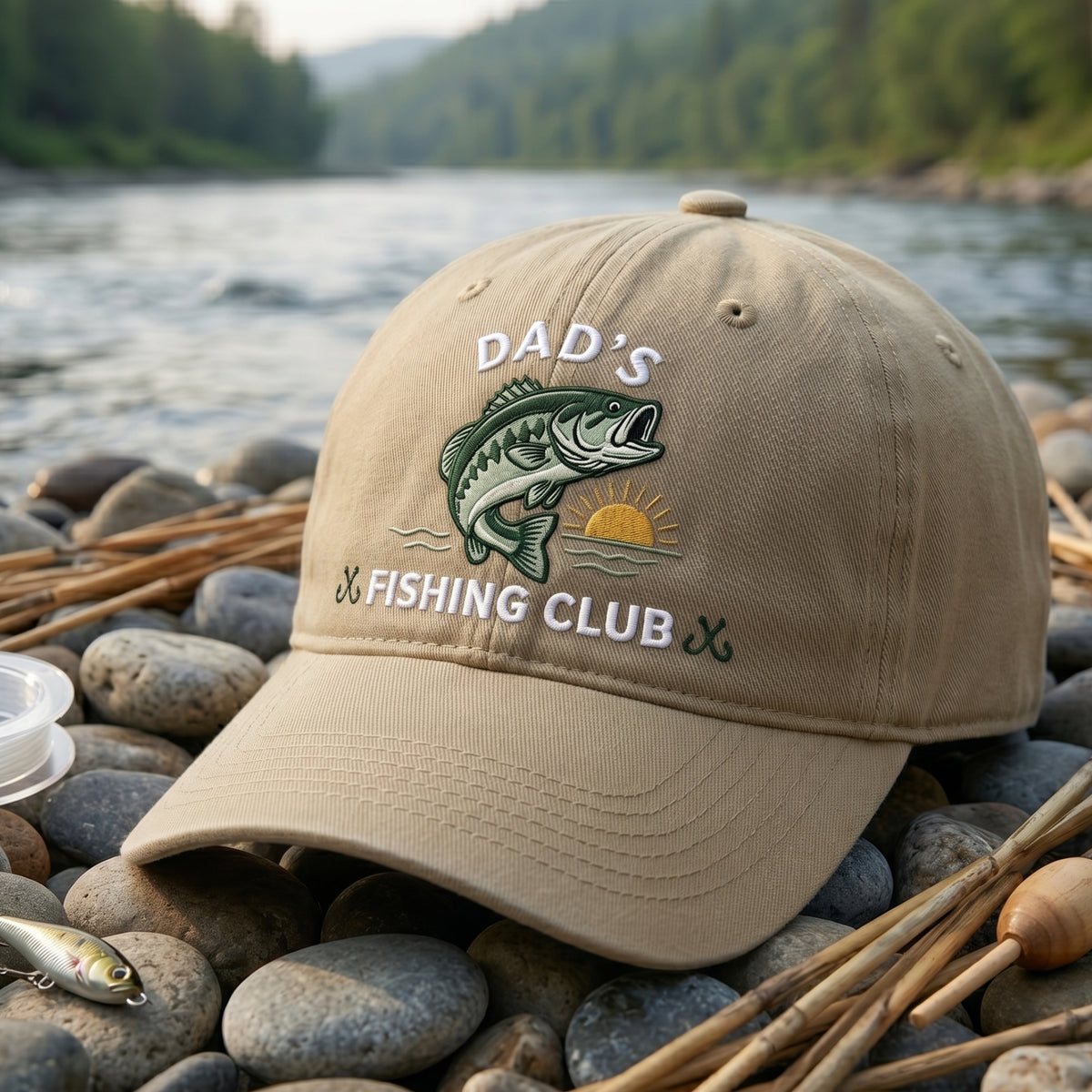 Dad's Fishing Club Bass Fish Sunrise Embroidered Hat — Baseball Cap