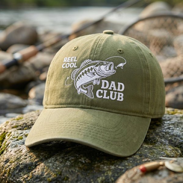 Reel Cool Dad Club Fishing Bass Fish Embroidered Hat — Washed Hat