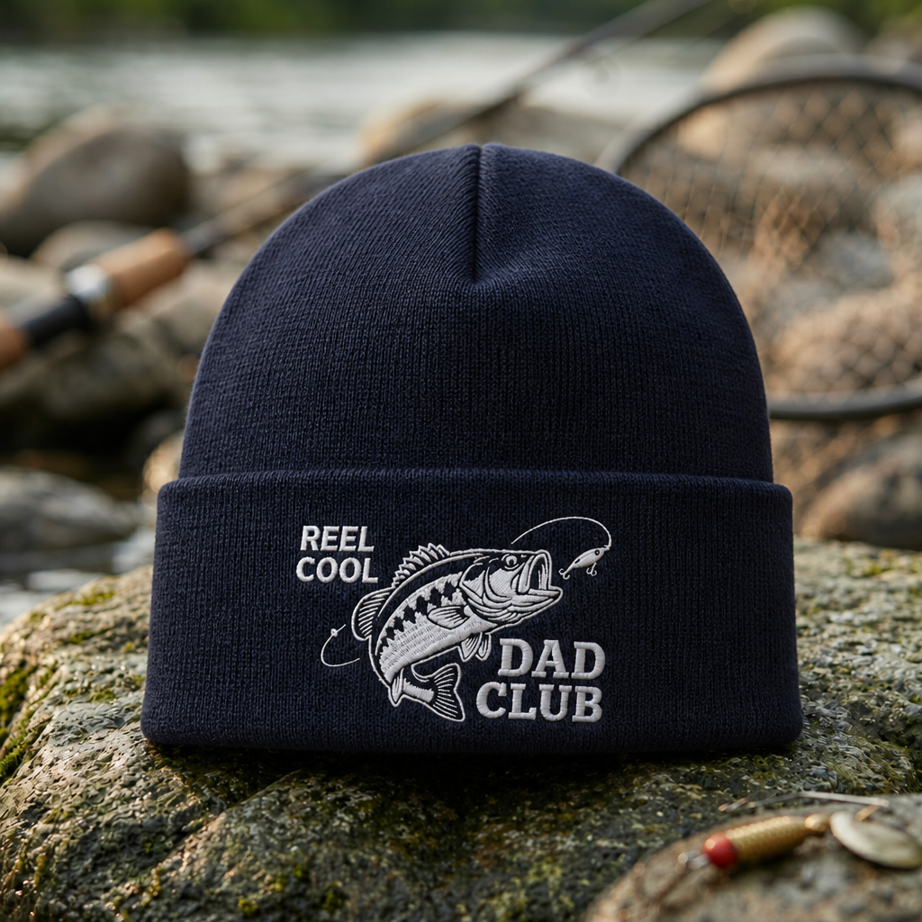 Reel Cool Dad Club Fishing Bass Fish Embroidered Beanie