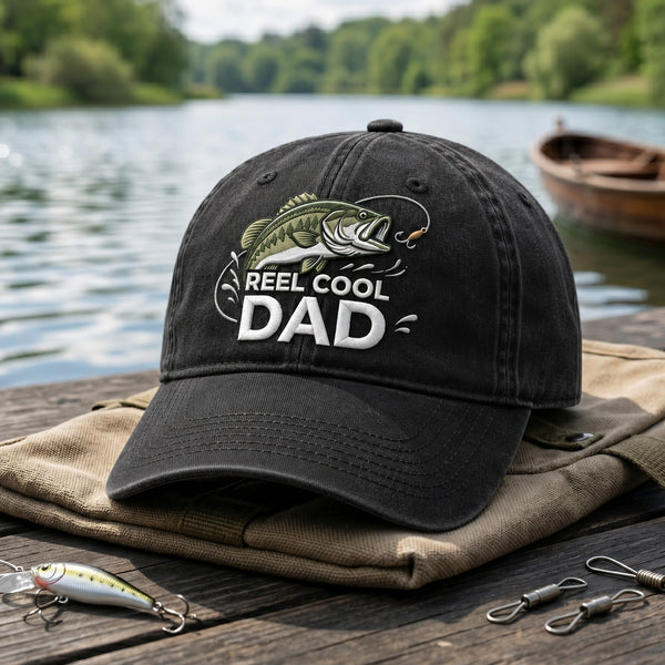 Reel Cool Dad Bass Fish Fishing Hook Embroidered Hat — Washed Hat