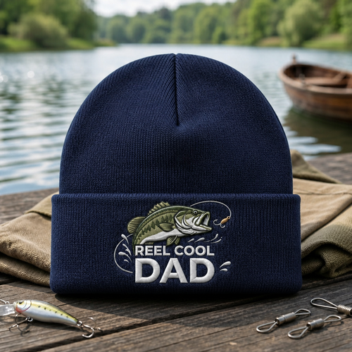 Reel Cool Dad Bass Fish Fishing Hook Embroidered Beanie
