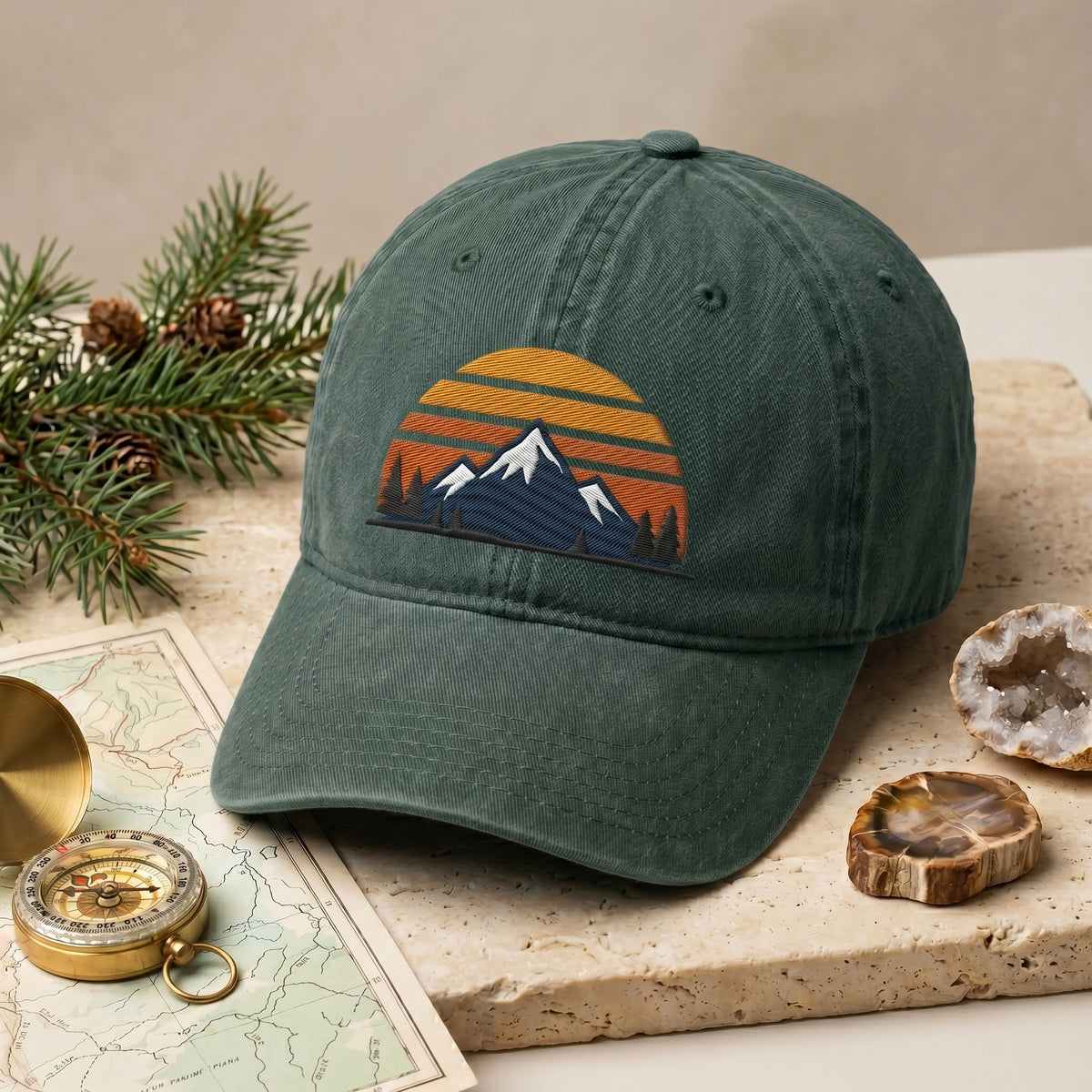 Mountain Sunset Retro Stripes Pine Trees Snow Peak Embroidered Hat — Washed Hat