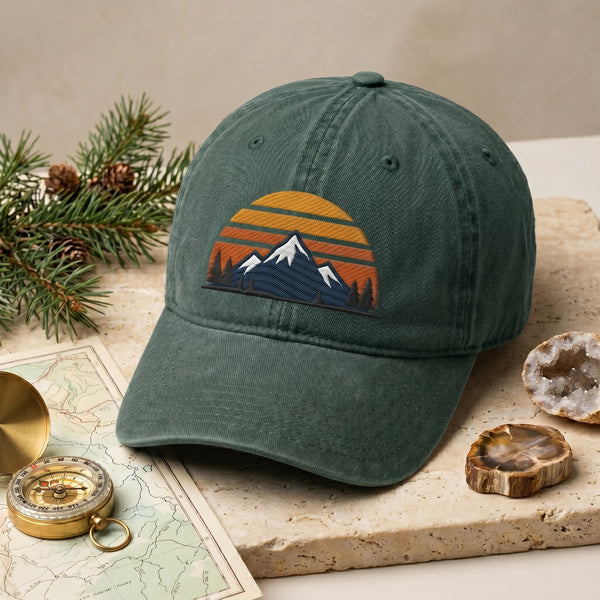 Mountain Sunset Retro Stripes Pine Trees Snow Peak Embroidered Hat — Washed Hat