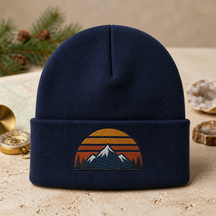 Mountain Sunset Retro Stripes Pine Trees Snow Peak Embroidered Beanie