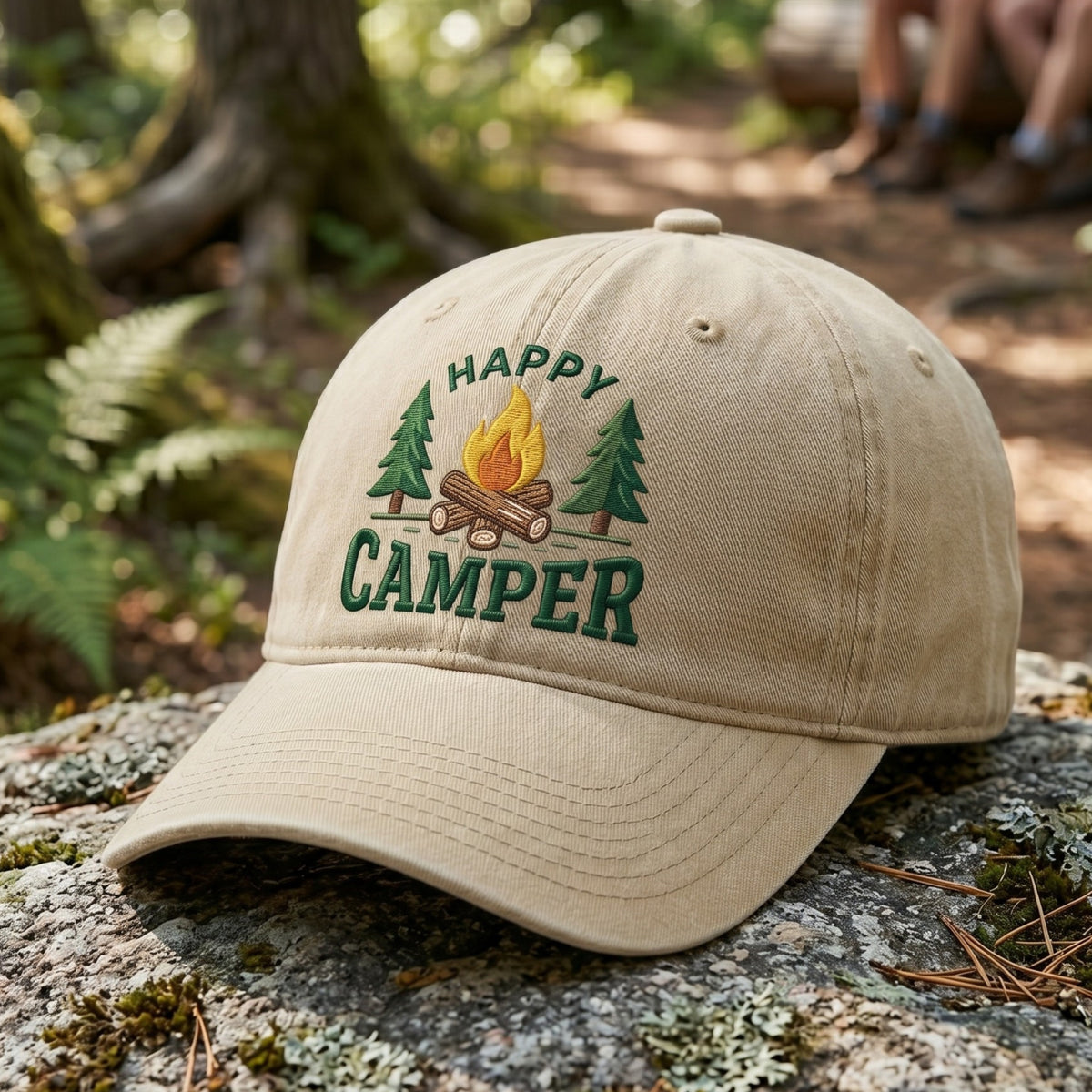 Happy Camper Campfire Pine Trees embroidered two-tone hat — front view