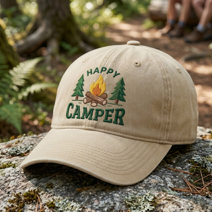 Happy Camper Campfire Pine Trees embroidered two-tone hat — front view