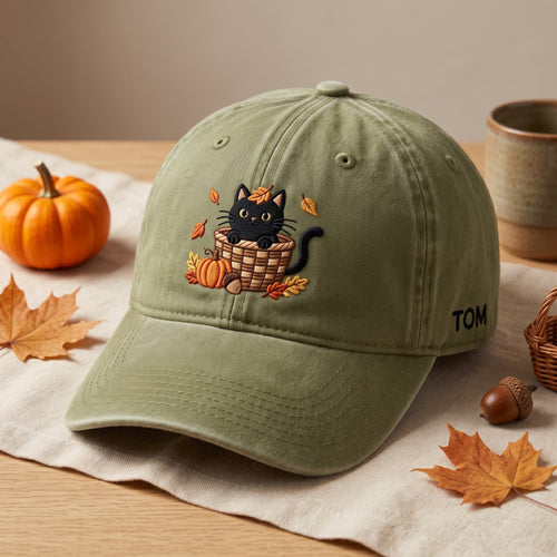 Personalized Black Cat Autumn Basket Pumpkin Fall Leaves Embroidered Hat — Washed Hat