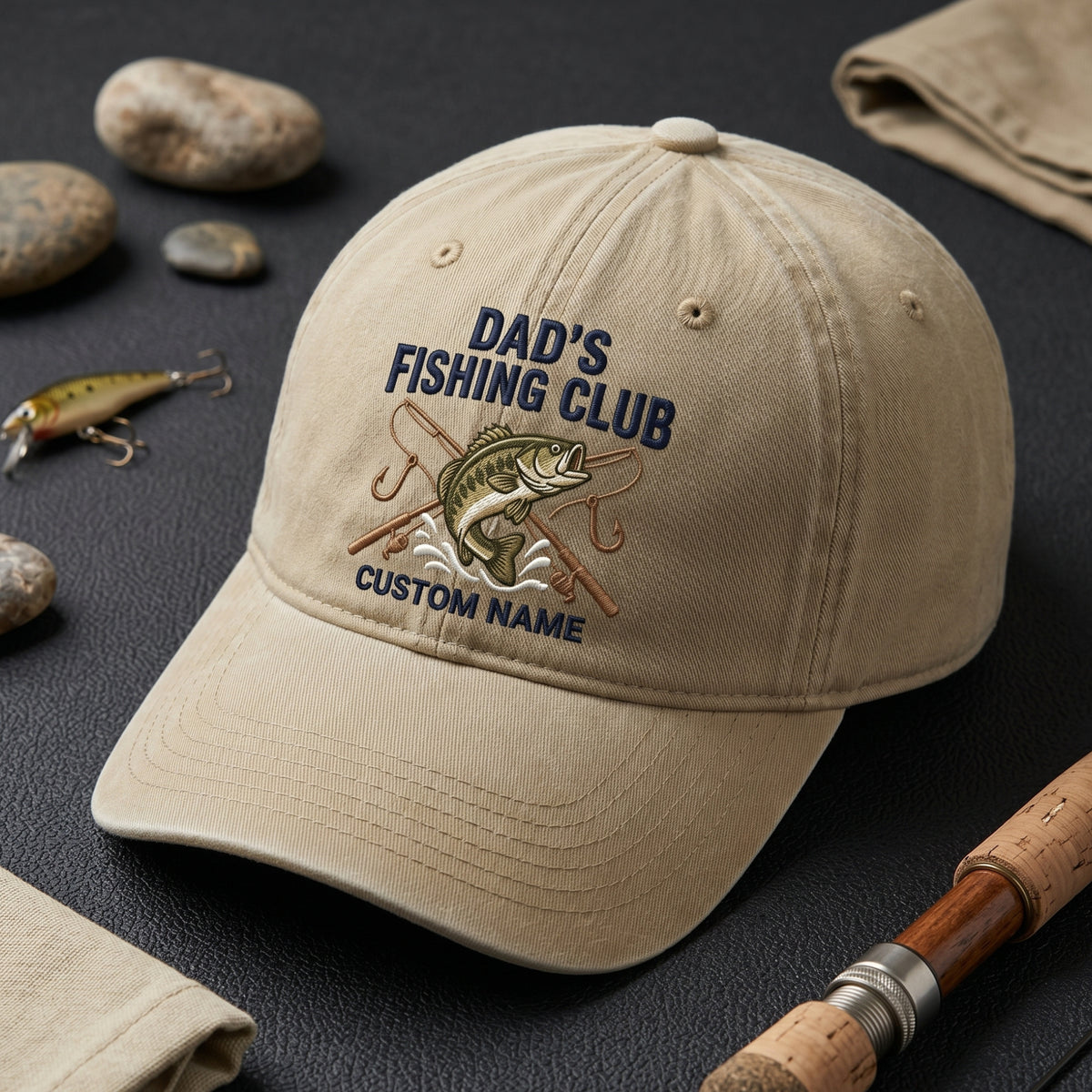 Personalized Dad's Fishing Club Bass Fish Crossed Rods Custom Name Embroidered Hat — Baseball Cap