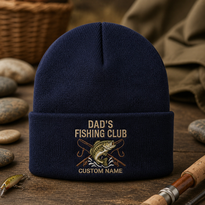 Personalized Dad's Fishing Club Bass Fish Crossed Rods Custom Name Embroidered Beanie