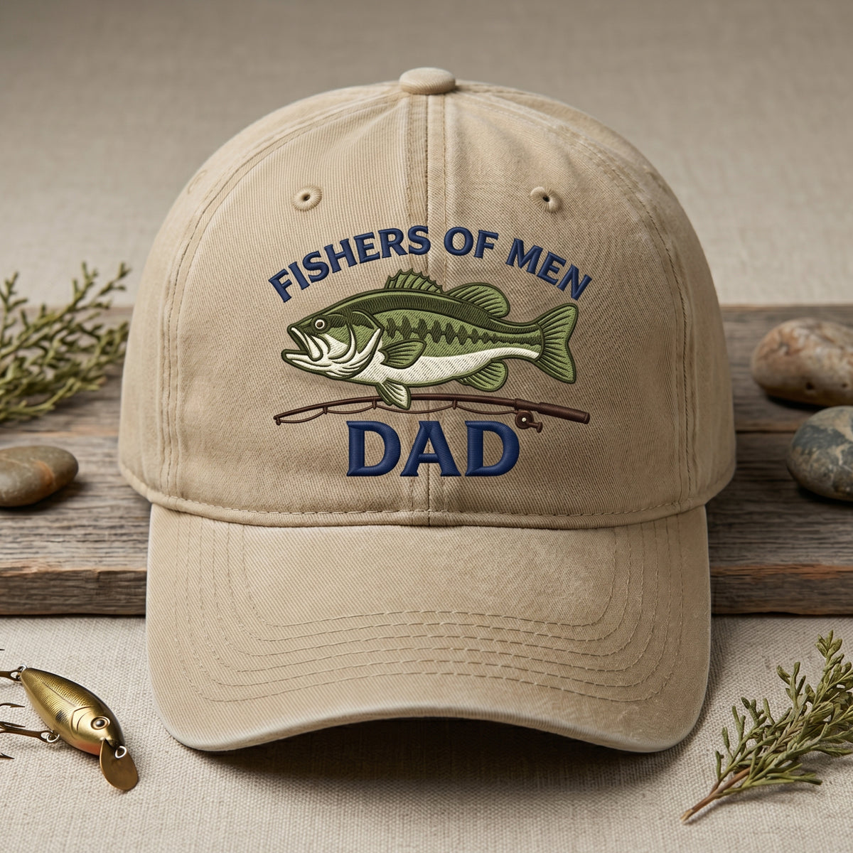 Fishers of Men Dad Bass Fish Fishing Rod Christian Embroidered Hat — Washed Hat