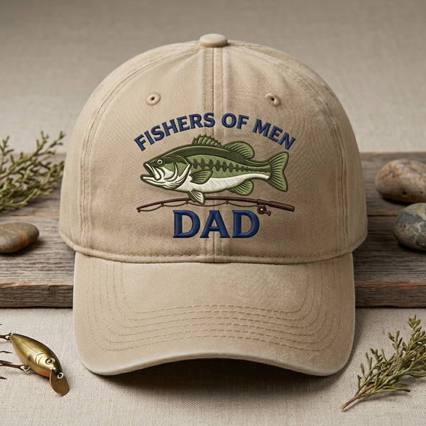 Fishers of Men Dad Bass Fish Fishing Rod Christian Embroidered Hat — Washed Hat