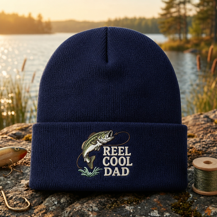 Reel Cool Dad Fishing Bass Fish Embroidered Beanie