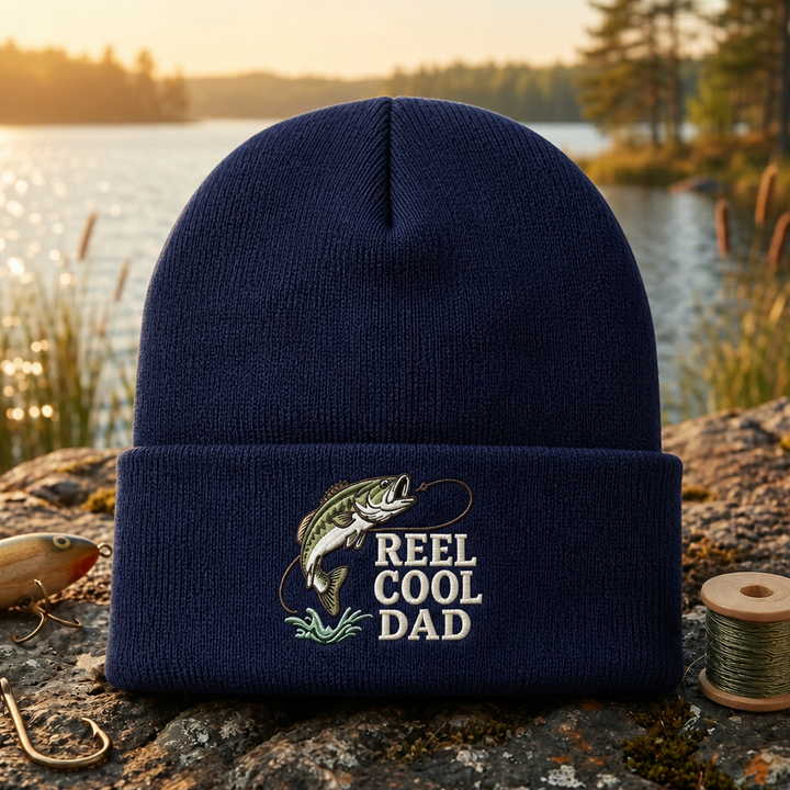 Reel Cool Dad Fishing Bass Fish Embroidered Beanie