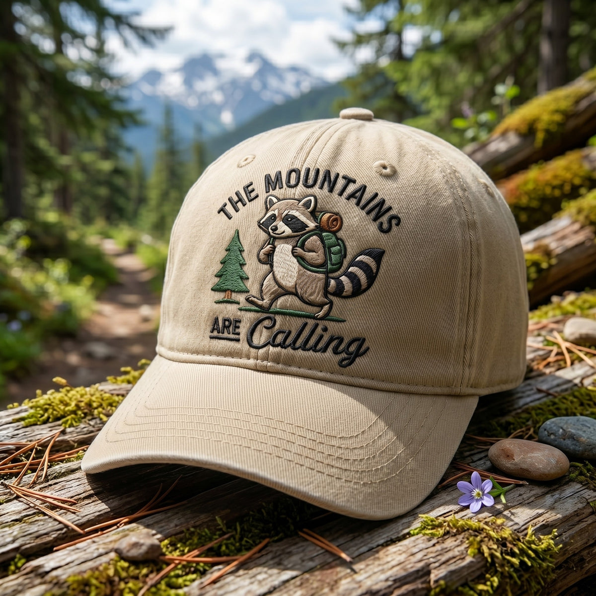 Raccoon Hiker The Mountains Are Calling Outdoor Adventure Embroidered Hat — Baseball Cap