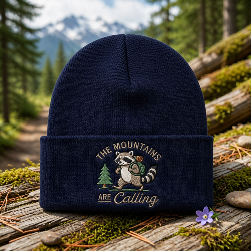 Raccoon Hiker The Mountains Are Calling Outdoor Adventure Embroidered Beanie