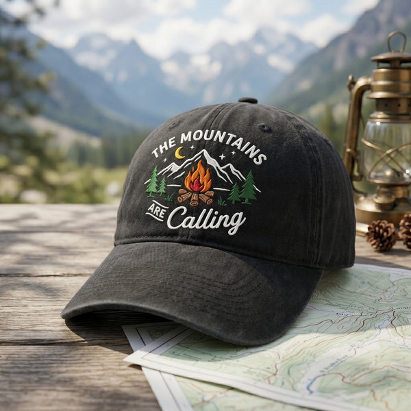 The Mountains Are Calling Campfire Pine Trees Night Sky Embroidered Hat — Washed Hat