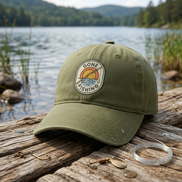 Gone Fishing Sunset Lake Rod Hook Embroidered Hat — Washed Hat