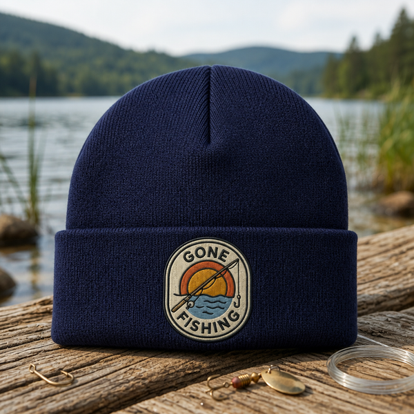Gone Fishing Sunset Lake Rod Hook Embroidered Beanie
