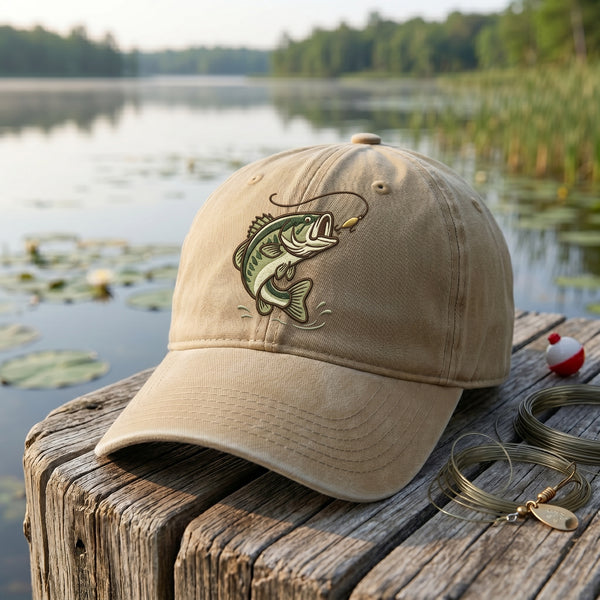 Largemouth Bass Jumping Lure Fishing Embroidered Hat — Washed Hat
