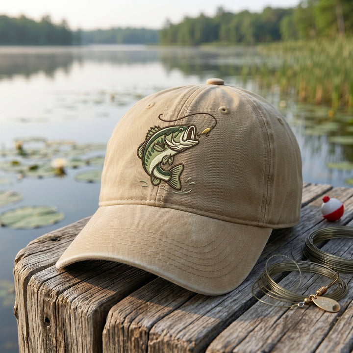 Largemouth Bass Jumping Lure Fishing Embroidered Hat — Washed Hat