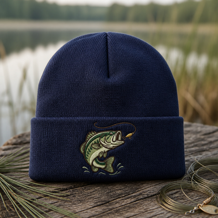 Largemouth Bass Jumping Lure Fishing Embroidered Beanie