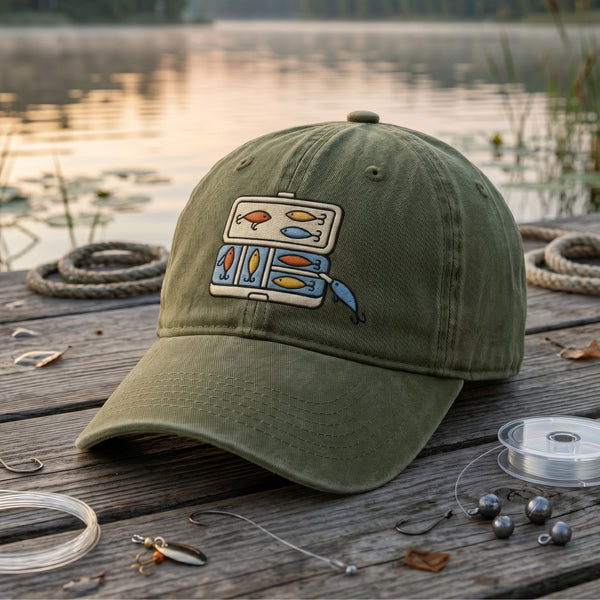 Fishing Lure Tackle Box Colorful Fish Hooks Embroidered Hat — Washed Hat