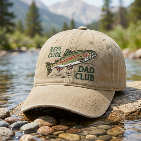 Reel Cool Dad Club Rainbow Trout Fishing Embroidered Hat — Washed Hat