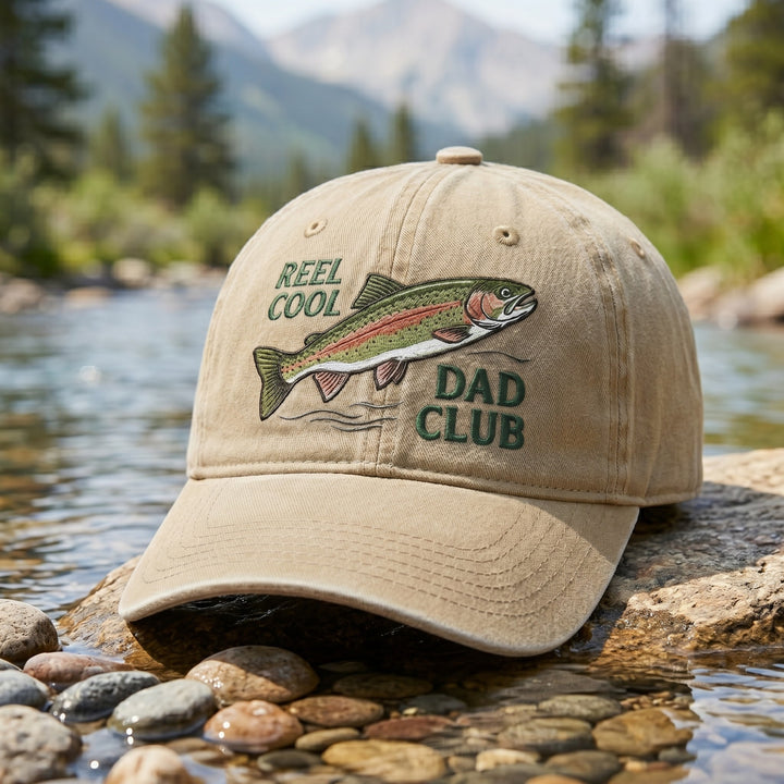 Reel Cool Dad Club Rainbow Trout Fishing Embroidered Hat — Washed Hat