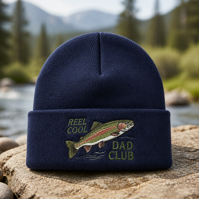 Reel Cool Dad Club Rainbow Trout Fishing Embroidered Beanie