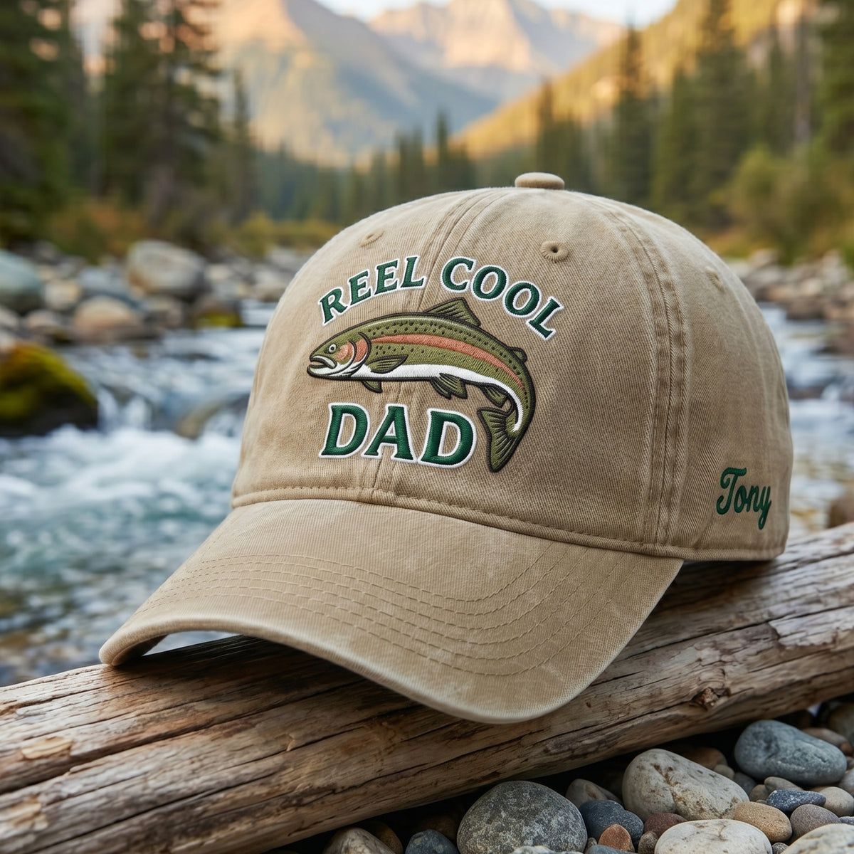 Personalized Reel Cool Dad Rainbow Trout Fishing Embroidered Hat — Washed Hat