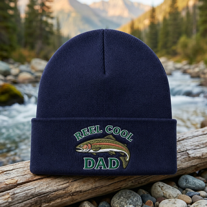 Personalized Reel Cool Dad Rainbow Trout Fishing Embroidered Beanie