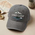 Lake Camp Mountains Pine Trees Tent Waves Embroidered Hat — Washed Hat