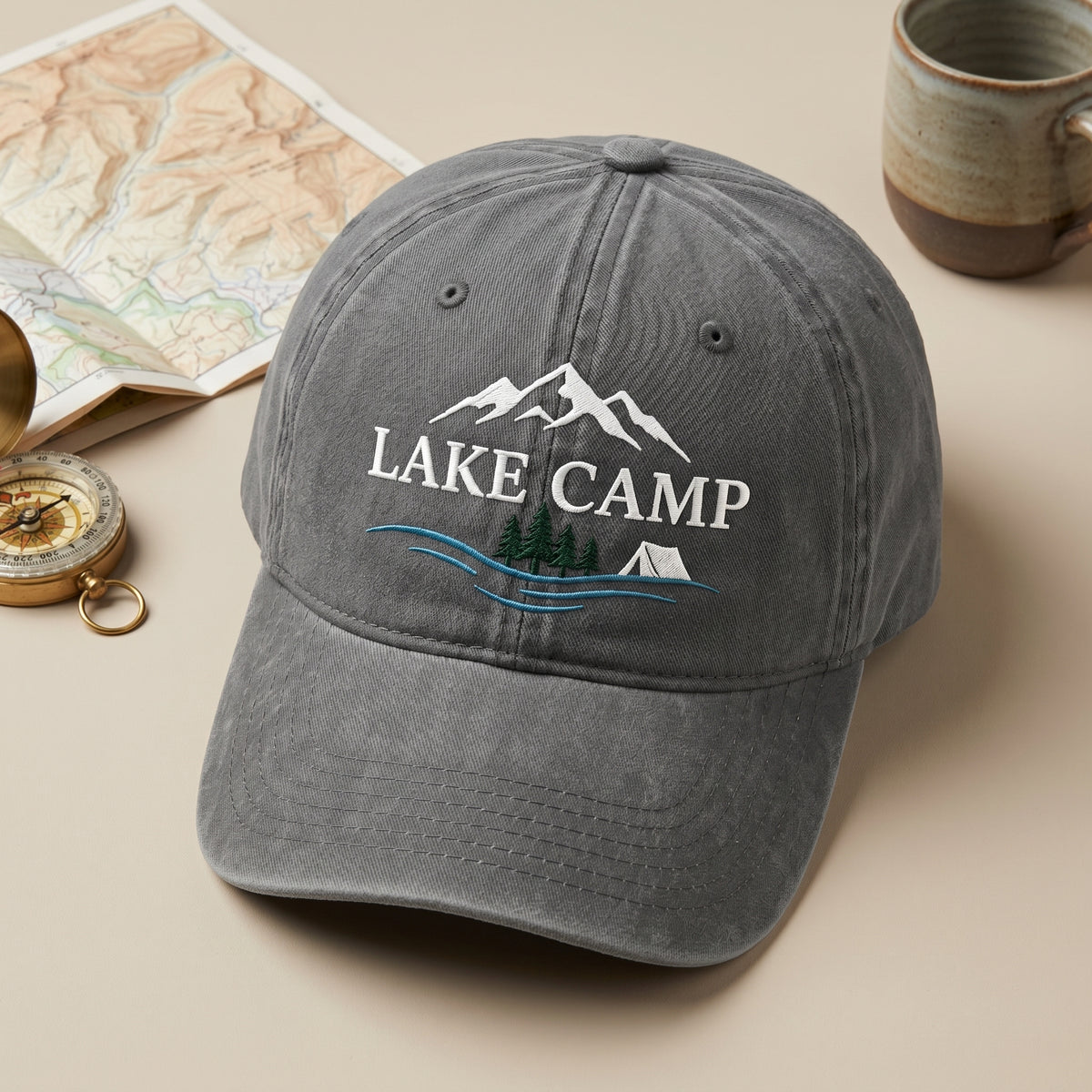 Lake Camp Mountains Pine Trees Tent Waves Embroidered Hat — Washed Hat